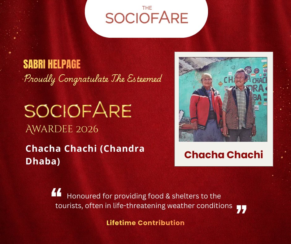 Honoring a beacon of compassion and courage.

Chacha Chachi Chandra Dhaba is recognized for selflessly providing food and shelter to tourists, even in life-threatening weather conditions.

#Changemakers #RealLifeHeroes #SocioFareAwards #HimachalPradesh #Batal