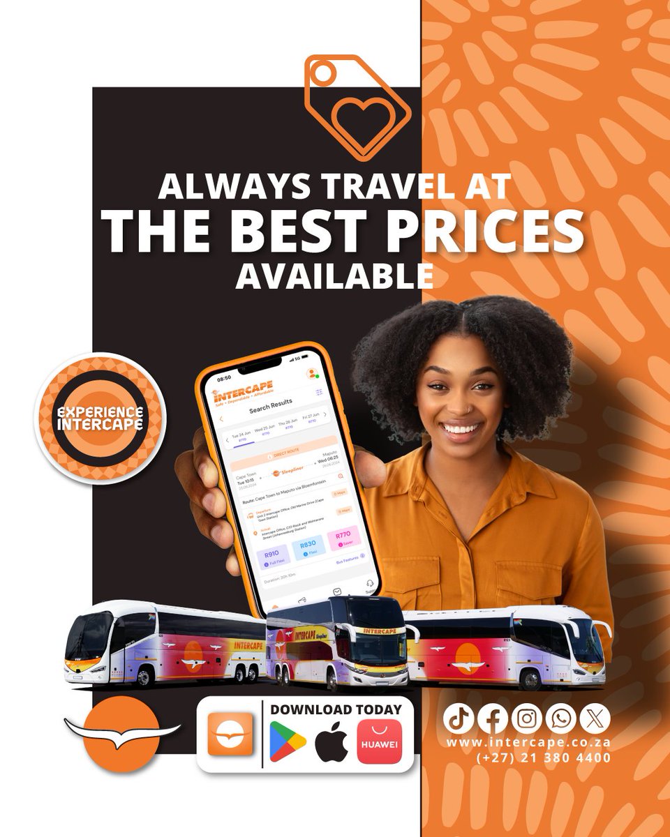 IntercapeBus's tweet image. Always travel at the best prices available when you use the Intercape app!

Download the Intercape App TODAY at intercape.co.za/intercape-app/ or from your preferred App Store.

#Intercape #IntercapeApp #DownloadToday #BookNow #BestPrices