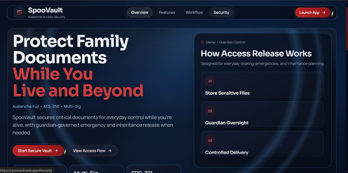 bamietech_dev's tweet photo. Stage 2 Update — SpooVault 🔺

MVP core complete.
Multi-signature guardian flow integrated.
NFT-based access logic live.

Demo walkthrough next......
Built on Avalanche.
@avax @Team1NG @heisfeezy  #BuildGames
#Avalanche
#Web3
#BuildInPublic #securitypro #Decentralization https://t.co/SJJQDX3NIW