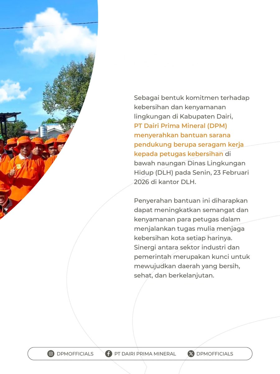 DPMofficials's tweet photo. PT Dairi Prima Mineral menyerahkan bantuan seragam kepada Dinas Lingkungan Hidup Dairi sebagai bentuk dukungan dan kolaborasi dalam menjaga kebersihan serta kelestarian lingkungan.

Bersama, kita wujudkan Dairi yang lebih hijau dan berkelanjutan.

#DairiPrimaMineral 
#ResponsibleMining
#RevolutionizingMining