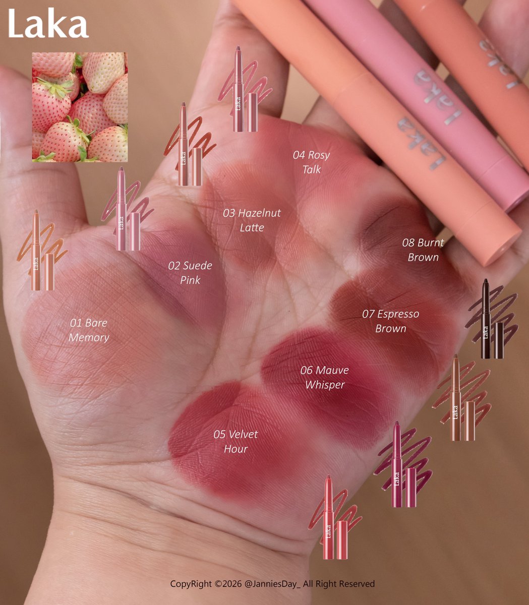 ตัวลิปไลเนอร์เค้าออกมา 8 เบอร์ ใครไปทางสายฝอ คือสะใจอ่ะสีมาครบ แล้วเนื้อท๊นคือทนจัดๆ ทนแบบกินข้าวเสร็จสีขอบปากยังอยู่ครบอ่ะ