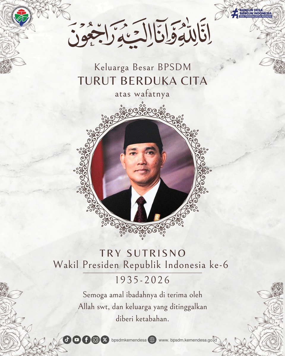 Innalillahi wa inna ilaihi raji’un

Segenap Keluarga Besar Badan Pengembangan Sumber Daya Manusia dan Pemberdayaan Masyarakat Desa dan Daerah Tertinggal menyampaikan belasungkawa yang sedalam-dalamnya atas wafatnya Jenderal TNI (Purn) H.Tri Sutrisno, Wakil Presiden ke-6
