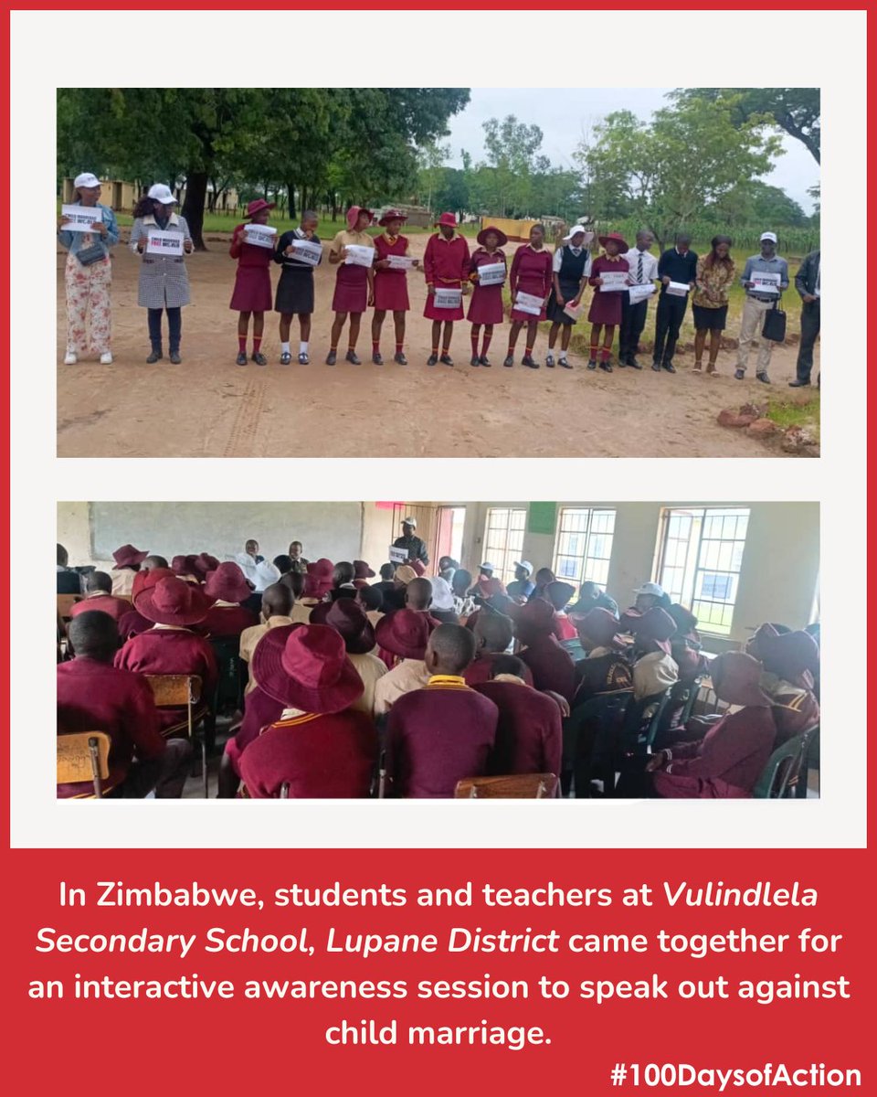 CMFreeWorld's tweet photo. As part of the #100DaysOfAction, students and teachers at Vulindlela Secondary School, Lupane District, Zimbabwe came together for a creative and interactive session to speak out against child marriage.

Through poems, skits, and open discussions, participants explored children’s rights and the importance of education, ending with a collective pledge to End Child Marriage and stand up for every child’s safety and dignity.

Take the pledge and help end child marriage: https://t.co/NRHVgQlxrS

#WePledge #ChildMarriageFreeWorld #EndChildMarriage