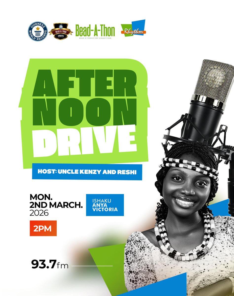 Guinness World Record holder Victoria Anya Ishaku (<a href="/vees_bb/">vees_bb</a>) is LIVE today on the Afternoon Drive with Uncle Kenzy &amp; Reshi! 🎙

Hear the story behind the record and what’s next for Beadamy Academy.

🕑 2PM 
📻 93.7 Rhythm FM Jos (<a href="/Jos937Rhythm/">Rhythm 93.7 FM Jos</a>)
Don't miss it! 🇳🇬🔥

#GWR