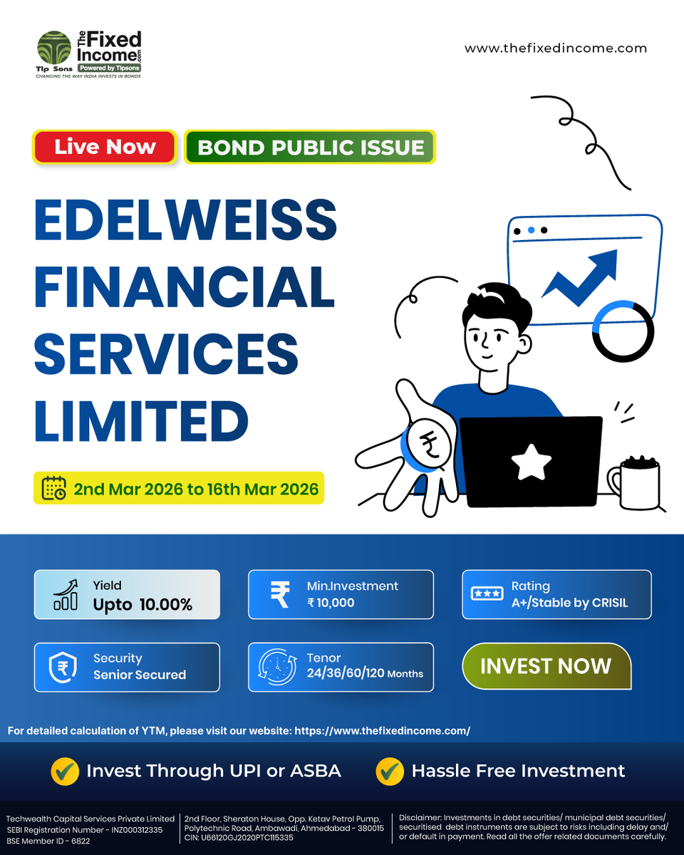 🚀 Edelweiss Financial Services Limited Bond Public Issue is LIVE NOW !
👉 Learn more: thefixedincome.com/product/IPO-de…

#TheFixedIncome #securedinvestment #fixedincome #TFI #EFSL #IPO #bondpublicissue #ncd #EdelweissFinancialServicesLimited
