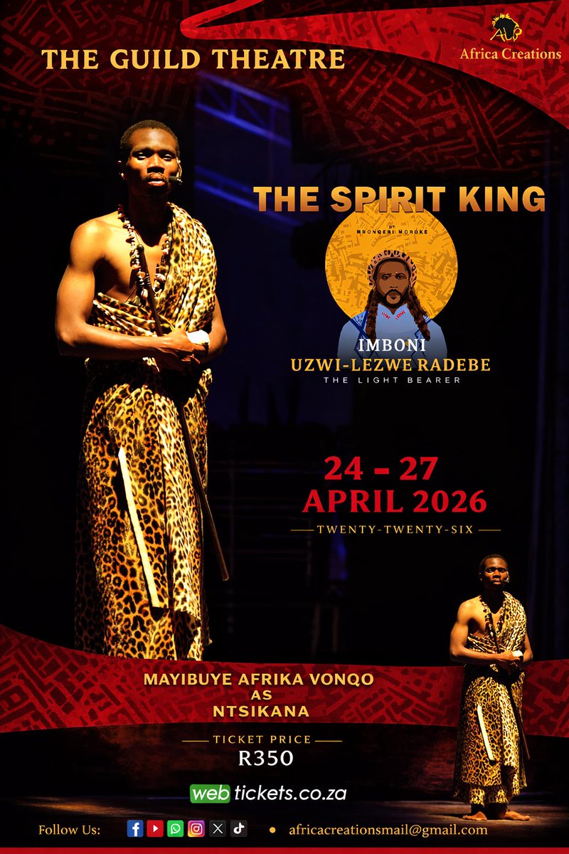 🔥 THE SPIRIT KING hits the stage at Guild Theatre this April!
24–27 April 2026 | Tickets R350 via Webtickets
Starring Mayibuye Afrika Vonqo as Ntsikana 👑
A powerful story of African restoration, calling &amp; destiny.
Book now: webtickets.co.za/v2/event.aspx?…⁠�
#TheSpiritKing #EastLondon