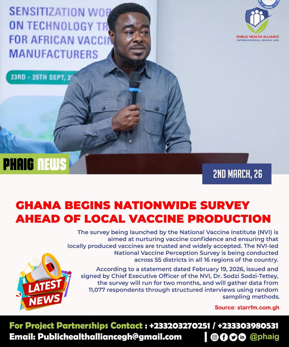 Phaig_Health's tweet photo. Ghana begins a nationwide Vaccine Perception Survey ahead of local vaccine production 

Led by the NVI, the survey spans all 16 regions to strengthen vaccine confidence and public trust in locally produced vaccines.

#PHAIG #PublicHealthGhana #VaccineConfidence #NVI https://t.co/yY0wcjfDs7