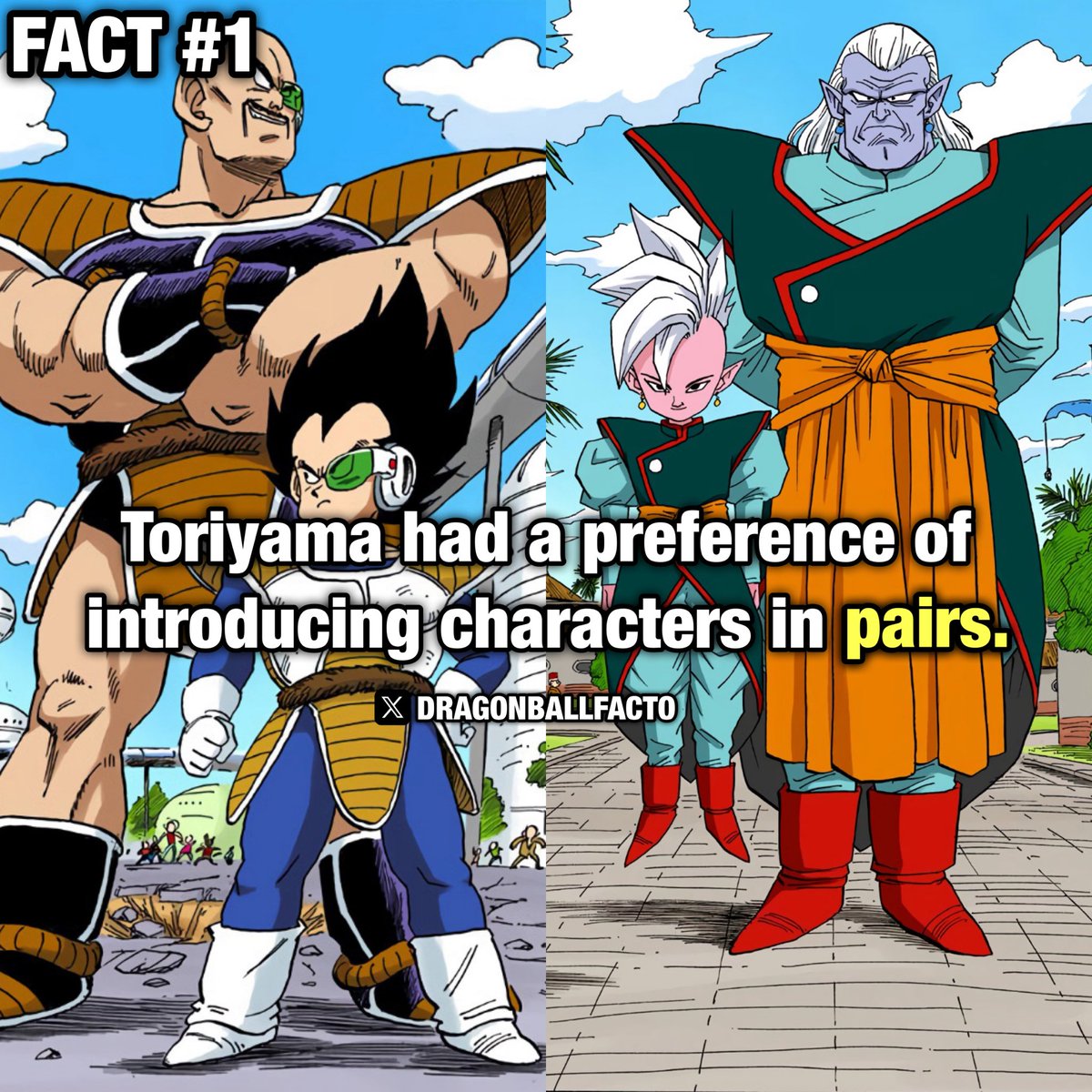 DragonballFacto's tweet photo. -Bulma And Goku, Roshi And Turtle, Beerus and Whis. The list goes on and on & his reasoning behind this is because he’s able to explain the characters and their relationship to each other through their interactions and feels as if too much self narration for introduction is a bad thing. #Dragonball 
•This information comes from a 2013 VJump Interview Titled “Akira Toriyama special interview.”