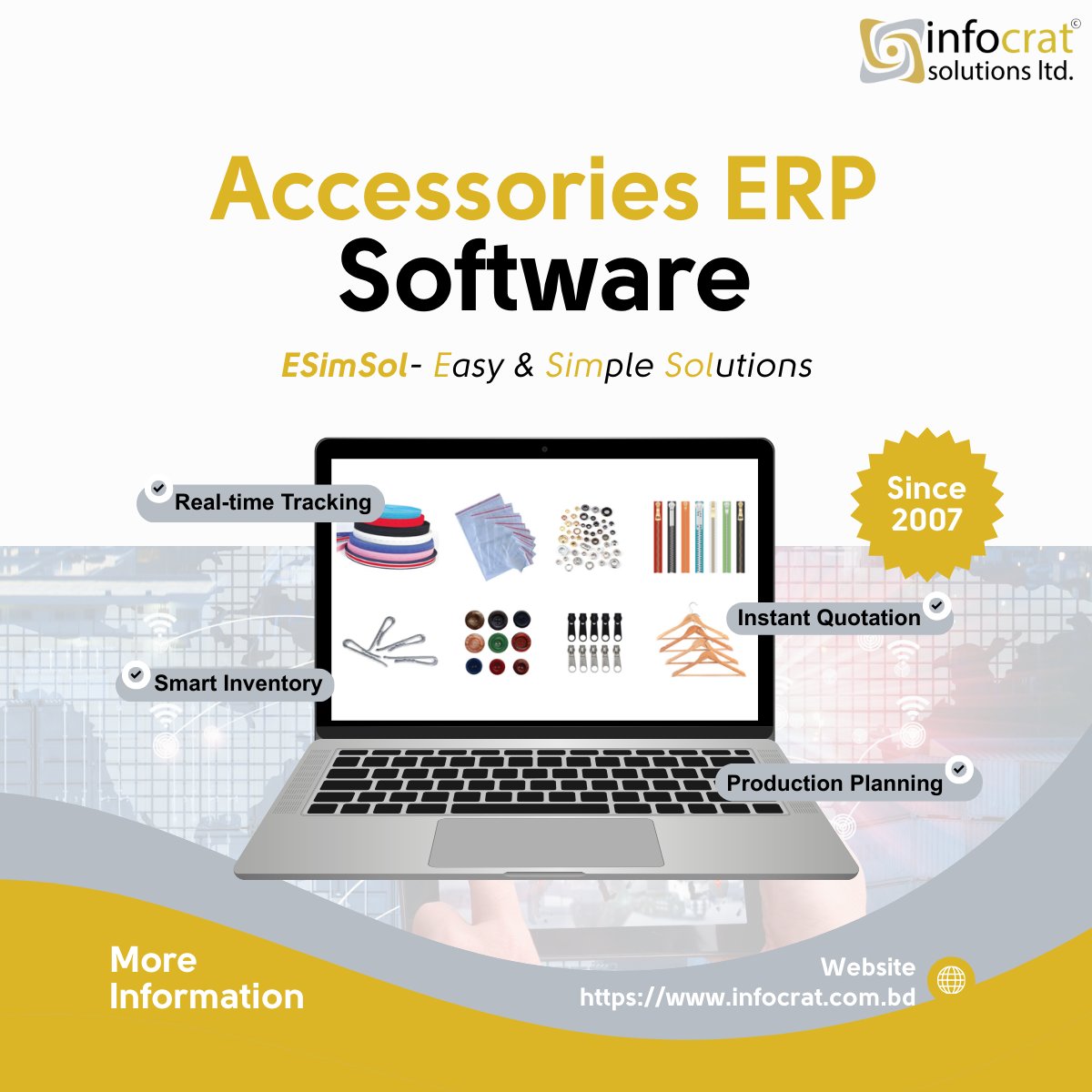 ESimSol's tweet photo. Manage accessories production effortlessly with ESimSol ERP. 🏭 From instant quotation to delivery tracking, streamline your entire supply chain. Specialized for zippers, labels, &amp; buttons. 

Boost efficiency now! ⬇️

https://t.co/jr5QdnQiQq https://t.co/b0cFvS6jyH
