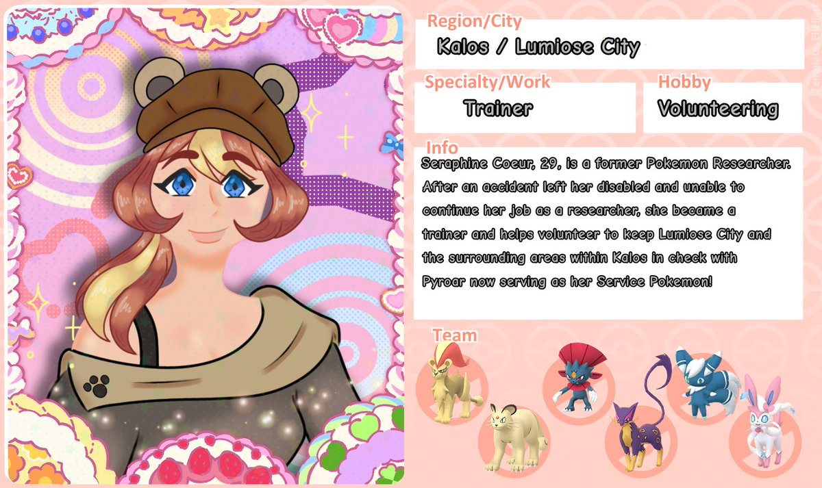 Mrs_Delafleur's tweet photo. This is the trainer card that I made for the #TrainerCollab2026 

Completely fucked it up by not adding a number cause I forgot what the Galar trainer cards looked like. Played SwSh once and never again 😅

On another note, I did figure out Seraphine's team and it's ALL cats https://t.co/BhabuahGjw