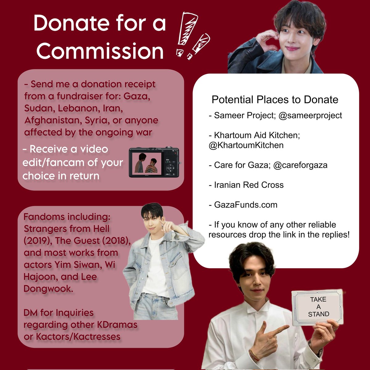 ‼️opening edit commissions to provide aid for those affected by the ongoing wars/genocides. donate any amount you are able to, to the links below or other verified websites. reply or dm me a screenshot and i will get back to you with more details. more donation links below