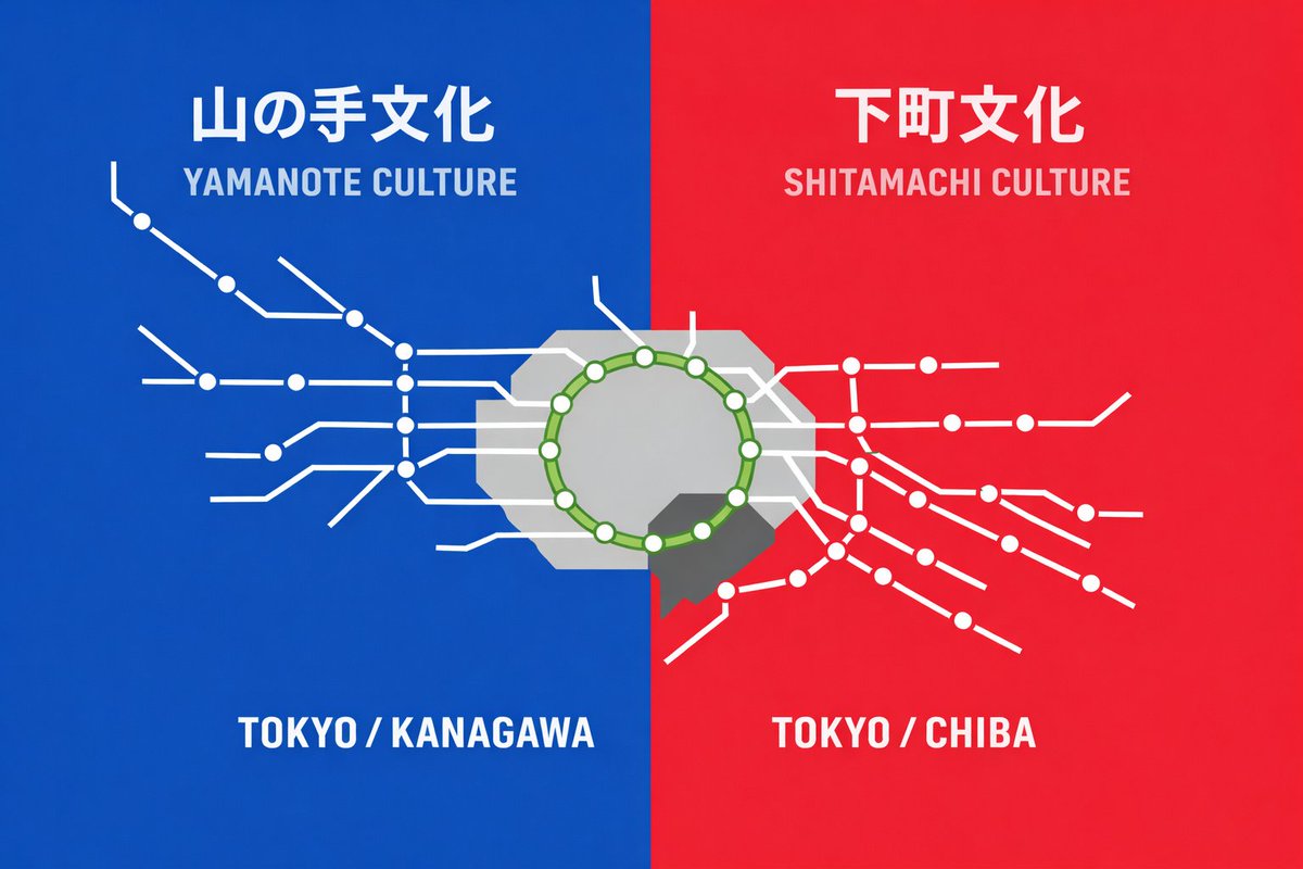 wadafutako's tweet photo. 東京には、あまり語られないけど確実に存在する 「山の手 × 下町問題」があります。
例えば、世田谷区 × 台東区みたいな成婚者ってあまり見かけません。
理由は、おそらく価値観やノリの違いです。

山の手文化は、私鉄沿線に広がった住宅文化で、距離感を大切にし、個を尊重し、洗練やスマートさを良しとします。
下町文化は、地縁と家族圏の文化で、近さを大事にし、情を重んじ、濃さや人間味を良しとします。
どちらが正しいではなく、ただ前提（OS）が違うんです。

面白いのはここからで、 山の手 × 神奈川、下町 × 千葉 この組み合わせが多いんです。
文化圏は、私鉄沿線に沿って外側へ拡張しています。だからどこかフィットする。
結婚は、条件の一致よりも、文化の共有が土台になります。
「普通って何？」が同じであることが大事です。