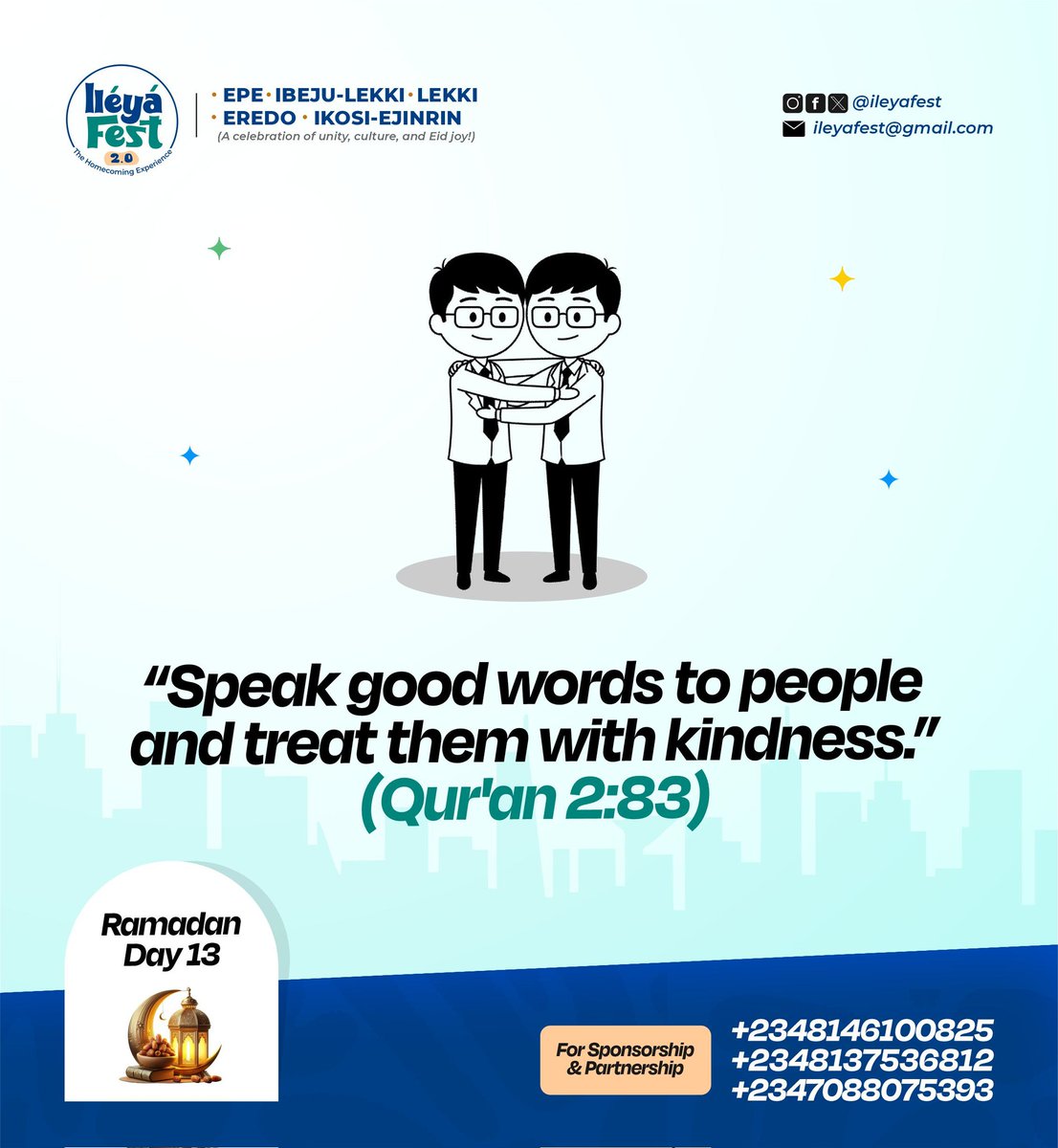 ileyafest's tweet photo. Ramadan Day 13 🌙

Kindness is also ‘ibadah.

Today’s challenge: Say something good to at least 3 people - in your home, at work, or right here in the comments 👇🏽

Who are you sending a good word to? Tag them ❤️

#RamadanDay13 #IleyaFest #GoodWordsOnly #Epe https://t.co/vZzpbIko6P