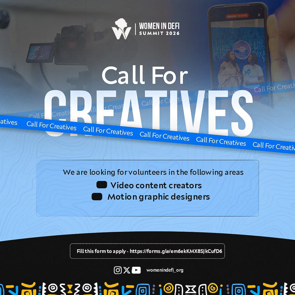 womenindefi_org's tweet photo. Creatives, where you at? 👀💙

WID Summit 2026 is calling for:
Video Content Creators
Motion Graphic Designers

If you’re a woman who loves telling powerful stories and creating visuals that move people, we want you on this journey with us 💙

Let’s build. Let’s create. Let’s amplify women in Web3, together.

🔗 Apply here: https://t.co/sNevpLrqej

Tag a creative who needs to see this 👇🏽
