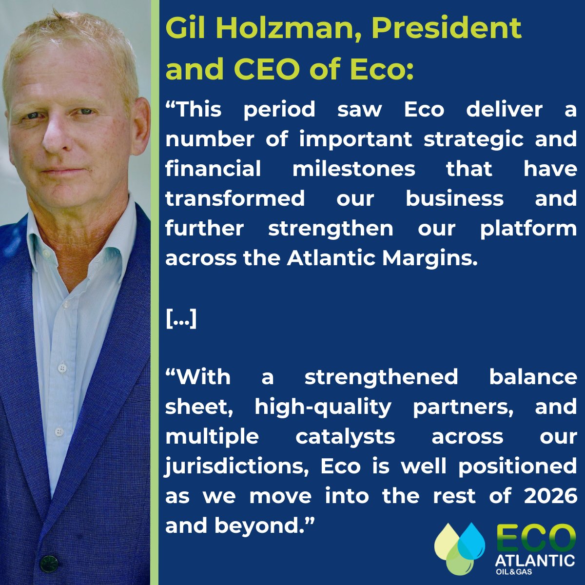 EcoAtlantic_OG's tweet image. #ECO announces its unaudited results for the three and nine month periods ended 31 December 2025.

Gil Holzman, Eco's President and CEO: "This period saw Eco deliver a number of important strategic and financial milestones that have transformed our business and further strengthen