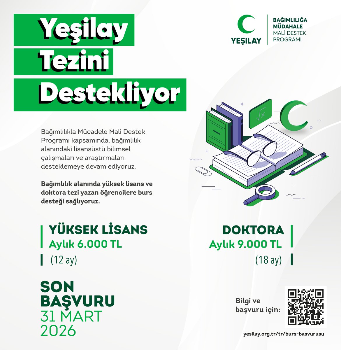 Bağımlılıklarla mücadeleye bilimsel katkı sunmak ister misiniz?

Yeşilay, 2014’ten bu yana sürdürdüğü Lisansüstü Tez Araştırma Bursu ile tütün, alkol, madde, kumar ve internet bağımlılığı alanlarında hazırlanan yüksek lisans, doktora ve tıpta uzmanlık tezlerine destek oluyor.

🎓