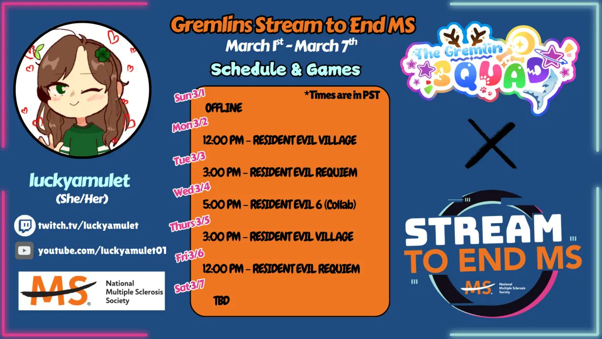 _luckyamulet_'s tweet photo. Different schedule this week than usual~
But what's this? I'm achieving another one of my goals as a streamer?
Which is: RAISING MONEY FOR CHARITY!
That's right! This week I'll be participating in #TheGremlinSquad's Charity Campaign in supporting the #NMSS!
So don't miss out! https://t.co/3BhqDdQDv7