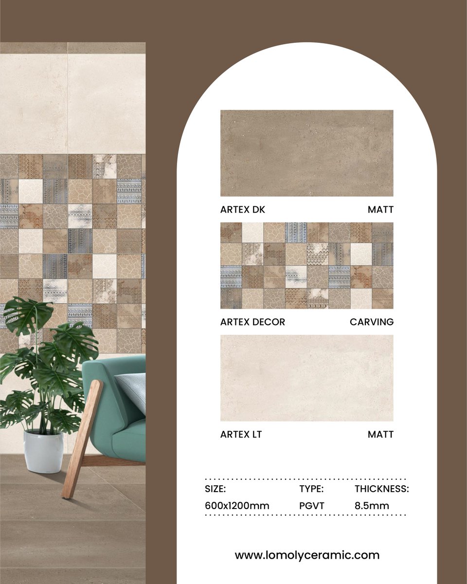 LomolyCeramic's tweet photo. A perfect harmony of texture, tone and durability!

High-definition design, precision edges and consistent quality – manufactured to meet global standards.

✔ ARTEX DK – Matt
✔ ARTEX DECOR – Carving
✔ ARTEX LT – Matt
✔ Thickness: 8.5mm
✔ Also Available in 7mm Thickness https://t.co/t8FS1E8GjP