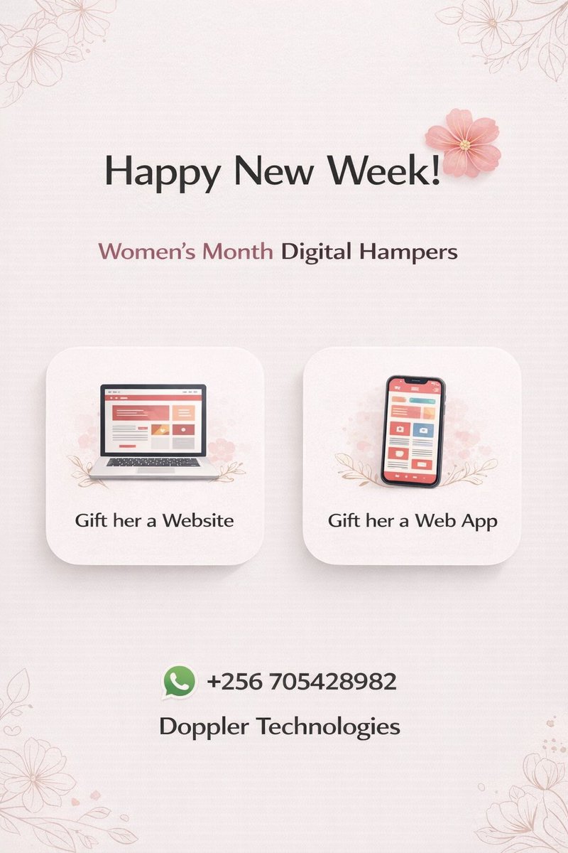 DopplerTechLTD's tweet photo. New Week. New Wins. 💻✨

This Women’s Month, skip the flowers 🌸
Gift her something that builds GENERATIONAL wealth.

🎁 Gift her a Website
📱 Gift her a Web App

Digital Hampers loading… 🚀

From UGX 350,000
WhatsApp: +256 705428982

#WomensMonth #GiftHerGrowth #DigitalHampers https://t.co/vliTKXYORN