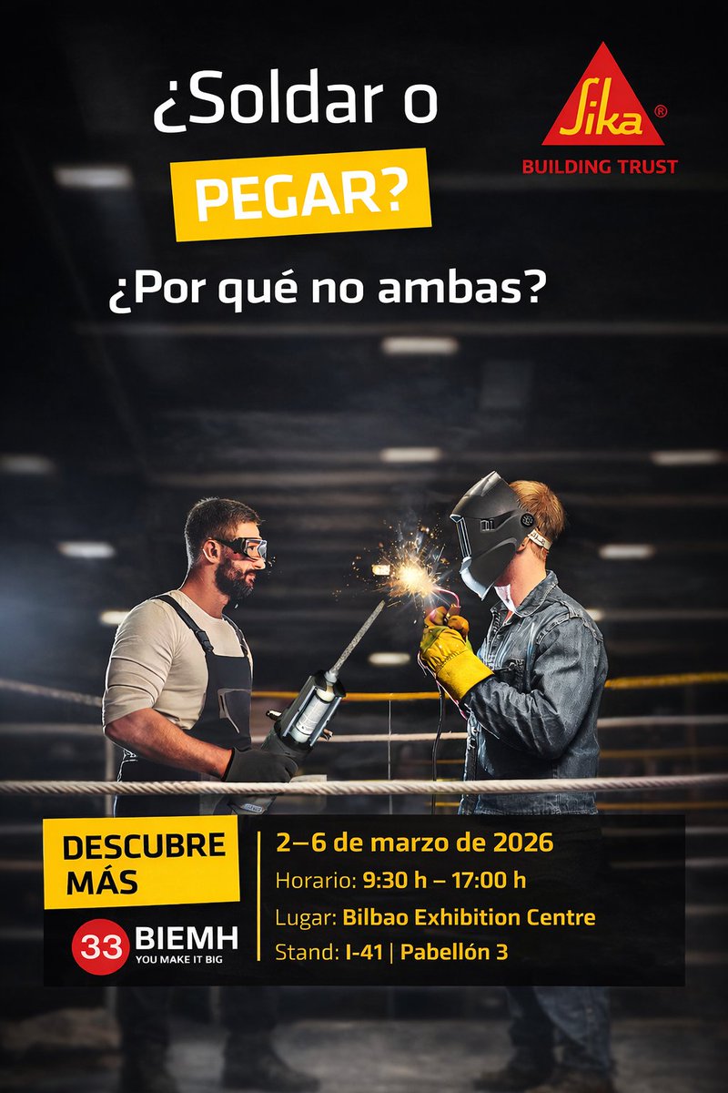 danielferca's tweet photo. 🚀 ¡Arranca #BIEMH2026!

@Sika  te espera en #Bilbao 🔧
📍 Stand I-41 | Pabellón 3
📅 2–6 marzo
🔩 Adhesivos estructurales para sustituir o complementar la soldadura.
🎟️ Invitación: https://t.co/t6cTNEdd71 
#Power2Metal #AdvancedManufacturing #Bonding #management @SikaSpain https://t.co/umduosQSr1