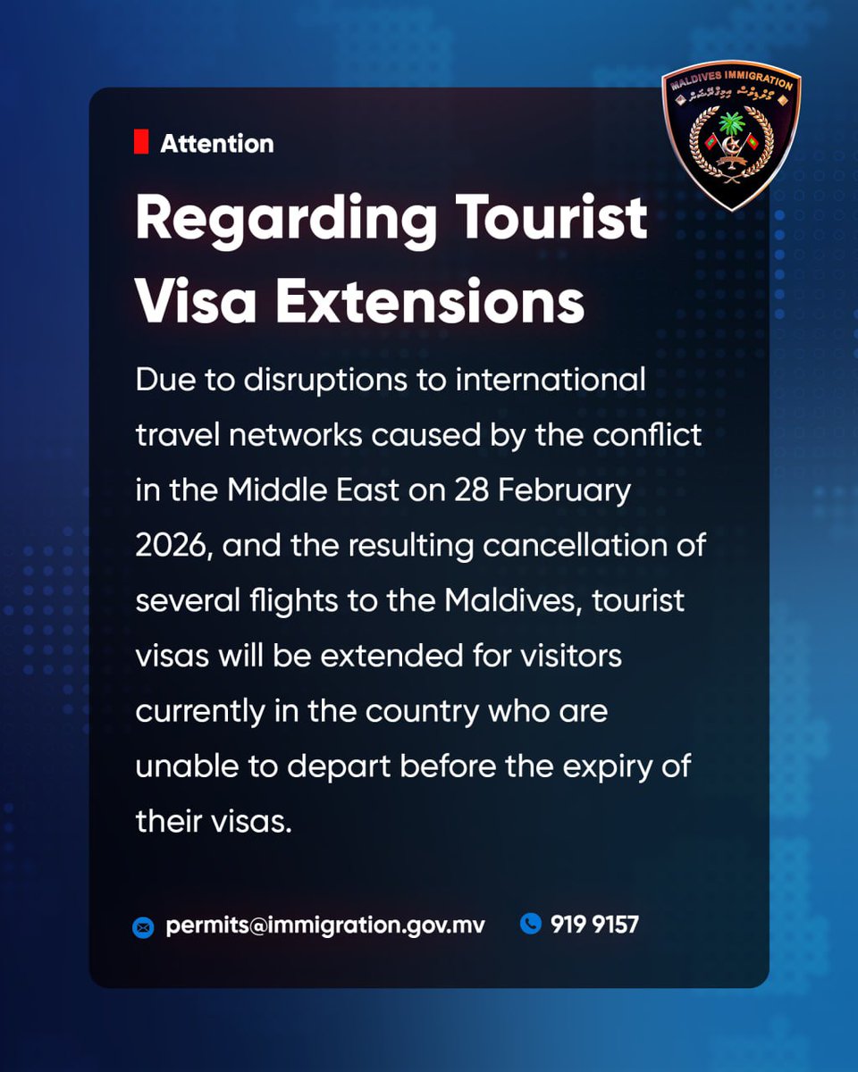 ImmigrationMV's tweet photo. ⚠️ ދަތުރުފަތުރުގެ ނިޒާމަށް މިވަގުތު ކުރިމަތިވެފައިވާ ބުރޫތަކުގެ ސަބަބުން، ދަތުރުކުރުމުގައި ދަތިތަކާ ކުރިމަތިލާންޖެހިފައިވާ ފަތުރުވެރިންނަށް ދޫކޮށްފައިވާ ވިސާގެ މުއްދަތު އިތުރުކުރުމަށް ވަނީ ނިންމާފައި.

⚠️ In response to ongoing travel disruptions, a decision has been made to extend tourist visas for affected visitors.

For tourist visa extensions, please visit:
https://t.co/zVvIdJwJgs