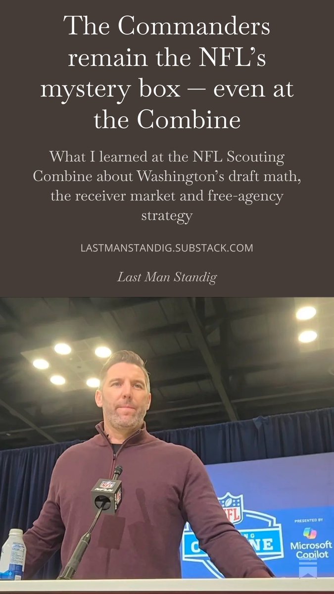 BenStandig's tweet photo. The Commanders were described in Indy as “extremely buttoned up.” They didn’t tip their hand at the NFL Combine. 

But there were tells.

🏈 Sonny Styles changed the math at No. 7
🏈 WR, Edge tiers, options are forming
🏈 Internal FA buzz

What I learned:

https://t.co/3Wx5YxPAL3 https://t.co/rtS0EQYWGV