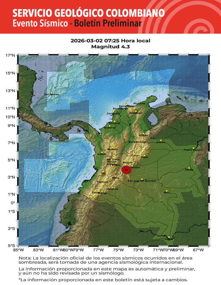 DavidRiobamba's tweet photo. #SismosColombiaSGC Evento Sísmico - Boletín Preliminar, 2026-03-02, 07:25 hora local Magnitud 4.3, Profundidad 1 km, Lejanías - Meta, Colombia ¿Sintió este sismo? repórtelo https://t.co/ihpuYZsZgl https://t.co/JpyFJChFdf #Temblor #Sismo https://t.co/xVO4WS0feJ