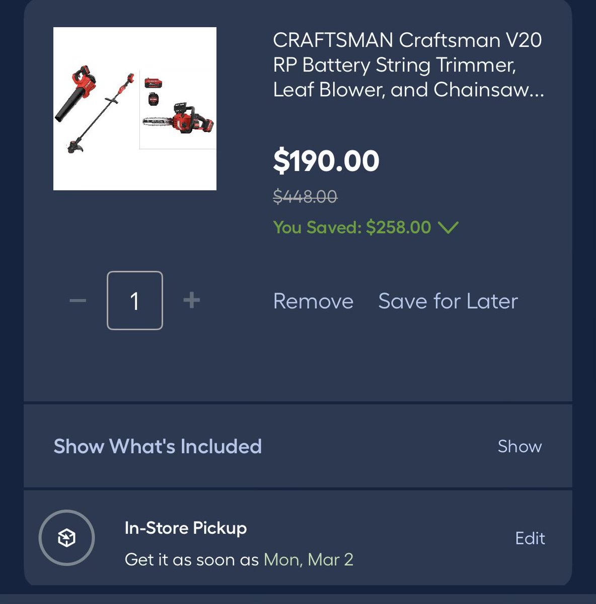 ramon_robless's tweet photo. @thedealsguy_ This kit drops to 190 - not fire like $20 Craftsman V20 RP Battery String Trimmer, Leaf Blower, and Chainsaw Combo Kit (2 5.0Ah Batteries &amp; 2 Chargers Included)  https://t.co/p4nL14Dpoh https://t.co/Va8Uf0Fwsu