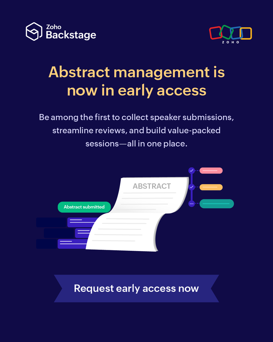 ZohoBackstage's tweet photo. Abstract management is now open for early access!

Built for organizers who want structure, clarity, and better sessions without the chaos.

Request early access: https://t.co/xeYbPke931

#ZohoBackstage #AbstractManagement #EarlyAccess https://t.co/Yi25J7buRb