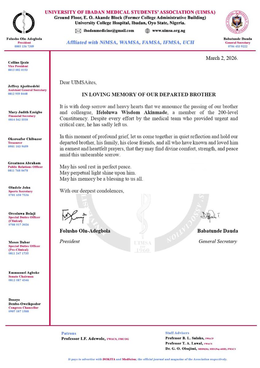 A Heartbreaking Loss and a Gentle Reminder to Every Medical Student

I was really sad when I heard of the passing of Ifeoluwa Wisdom Akinmade, a 300 Level MBBS student at the University of Ibadan.

He was transitioning from 200 to 300 level when he reportedly took a substance