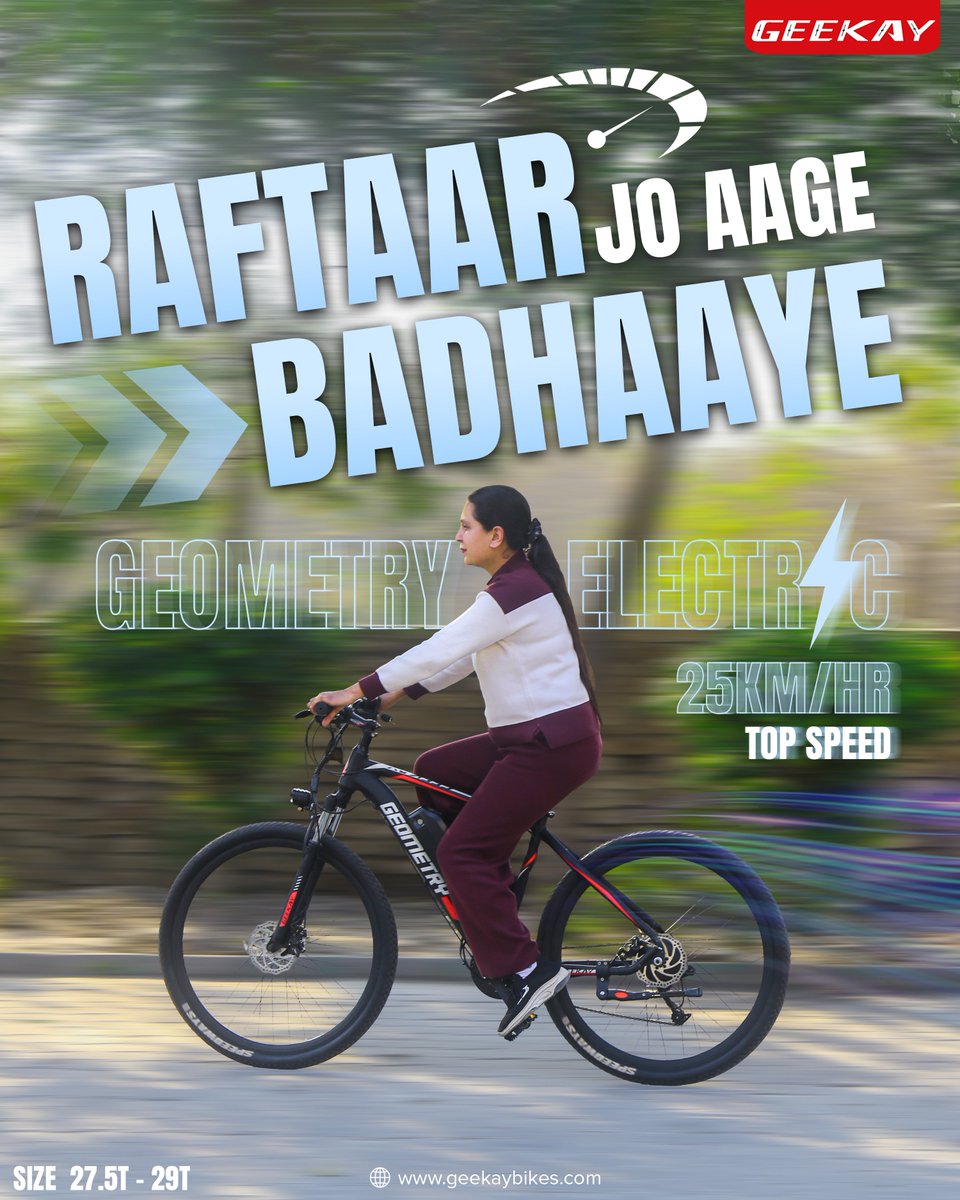 Raftaar jo aage badhaye! ⚡
Upgrade your ride with the Geometry Electric and feel the speed. 🚴
#Geekay #GeekayBikes #ElectricCycleIndia #EBikeLife #RideSmart #CycleLove #GreenMobility #CyclingCommunity #UrbanMobility #CycleGram