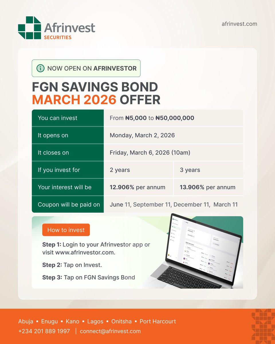 The FGN Savings Bond for March 2026 is out! 

With as little as N5,000, you can start earning steady returns and build a solid financial foundation.

It’s a low-risk way to make your money work for you.

Take charge of your future.

Visit afrinvestor.com to get started!