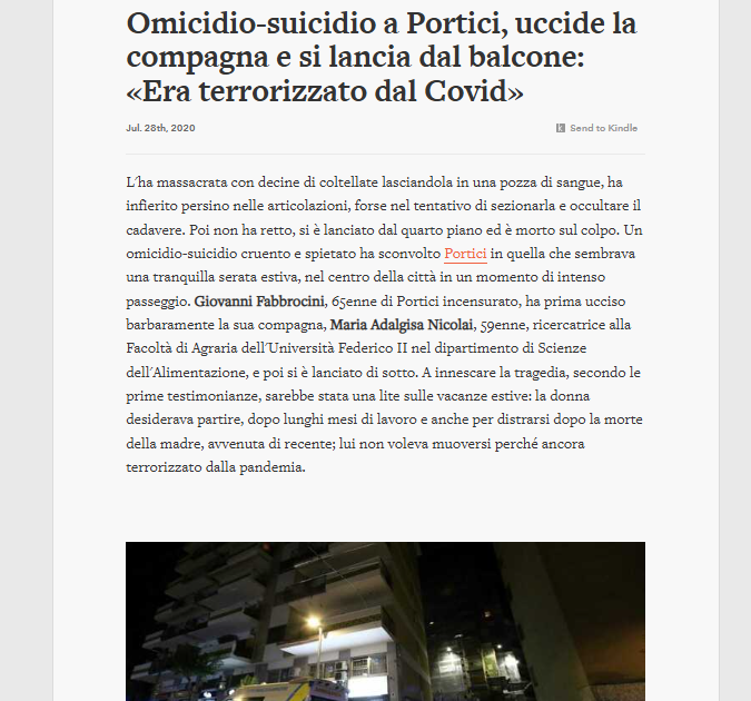 Erinni15's tweet image. #covid #coronavirus Omicidio-suicidio a Portici, uccide la compagna e si lancia dal balcone: «Era terrorizzato dal Covid»  "l'uomo, con problemi di ipocondria, barricato in casa per paura di contrarre la malattia non era più uscito anche dopo lo sblocco del #lockdown"