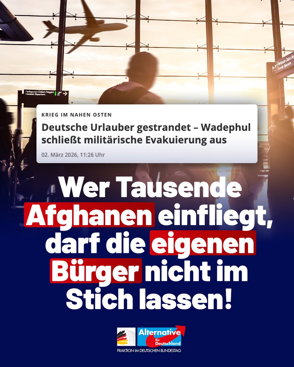 Gestrandete Deutsche sofort zurückholen!
„Die Bundesregierung versagt kläglich gegenüber zehntausenden gestrandeten deutschen Touristen in der Golf-Region. Statt Landwege in sichere Regionen zu organisieren und von dort auszufliegen, gibt Außenminister Wadephul den Reisenden die