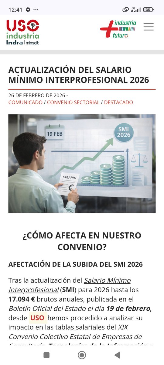 La subida del SMI ¿CÓMO AFECTA EN NUESTRO CONVENIO?*
indraminsait.usoindustria.org/actualizacion-…
Nos demuestra que nuestro convenio es precario e insuficiente y por eso desde la USO seguimos abogando por un Convenio Propio en Indra Minsait.
Esperamos que sea de interés 🤓
Un Saludo 👋