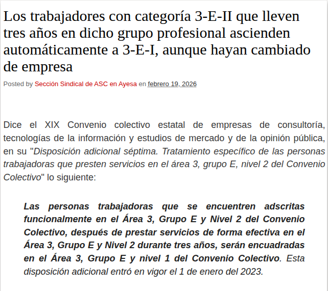 Los trabajadores con categoría 3-E-II que lleven tres años en dicho grupo profesional ascienden automáticamente a 3-E-I, aunque hayan cambiado de empresa
asc-ayesaat.blogspot.com/2026/02/los-tr…

<a href="/AyesaNews/">Ayesa</a> #Ayesa #TIC #Ingenieria #Consultoría 

<a href="/ASC_Sevilla/">ASC Sevilla</a>