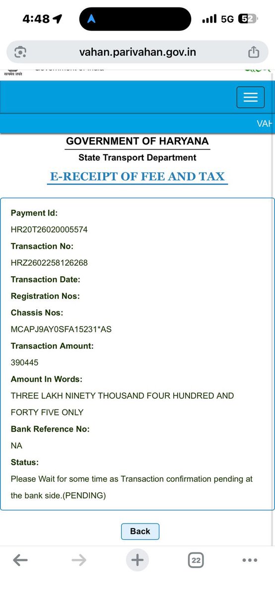hastir265's tweet photo. @MORTHIndia @nitin_gadkari @OfficeOfNG 
Vehicle registration (HR-20 Hisar) stuck for 15 days on Vahan. Status shows “Transaction confirmation pending at bank side (PENDING)” with Bank Ref No: as attached. Payment not debited but application blocked. ₹2,000/day penalty daily. https://t.co/RLtdXi2ZZx