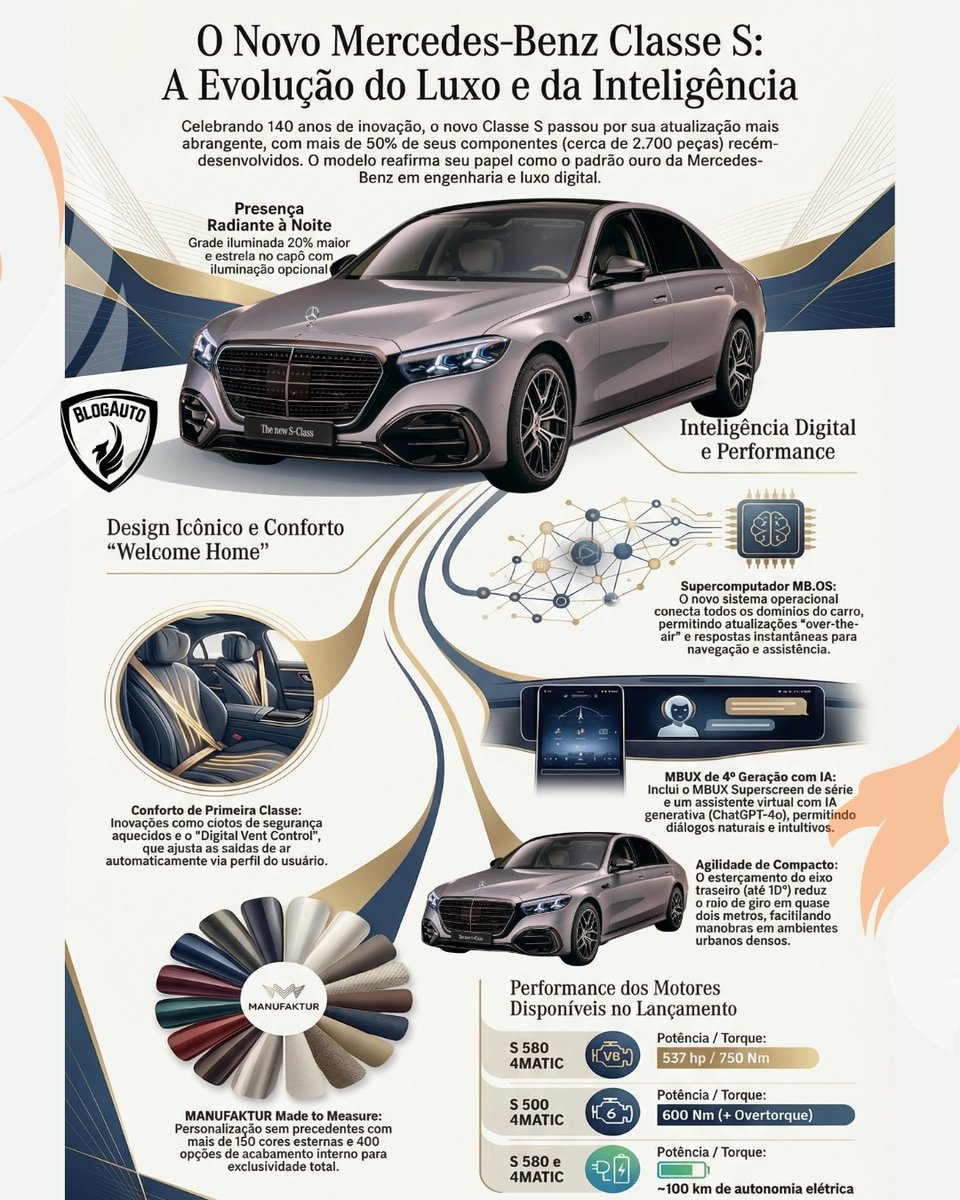blogauto's tweet image. Classe S 2026 estreia MB.OS, IA embarcada e motores eletrificados. V8 com 537 cv, superscreen e autonomia elétrica perto de 100 km. Preço inicial na Europa: €121.356. 🚗 Leia a análise completa no BlogAuto!
#BlogAuto #MercedesBenz #ClasseS