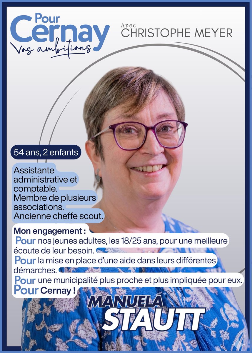 Christophe68700's tweet photo. La personnalité du jour Pour Cernay : Manuela Stautt. Et quelle personnalité à compétences multiples ! Elle est impressionnante. 

Discrète et efficace, de par son métier, elle maîtrise parfaitement les chiffres et dossiers délicats. 

Une utile expérience chez les scouts, https://t.co/M3GjFD1i44