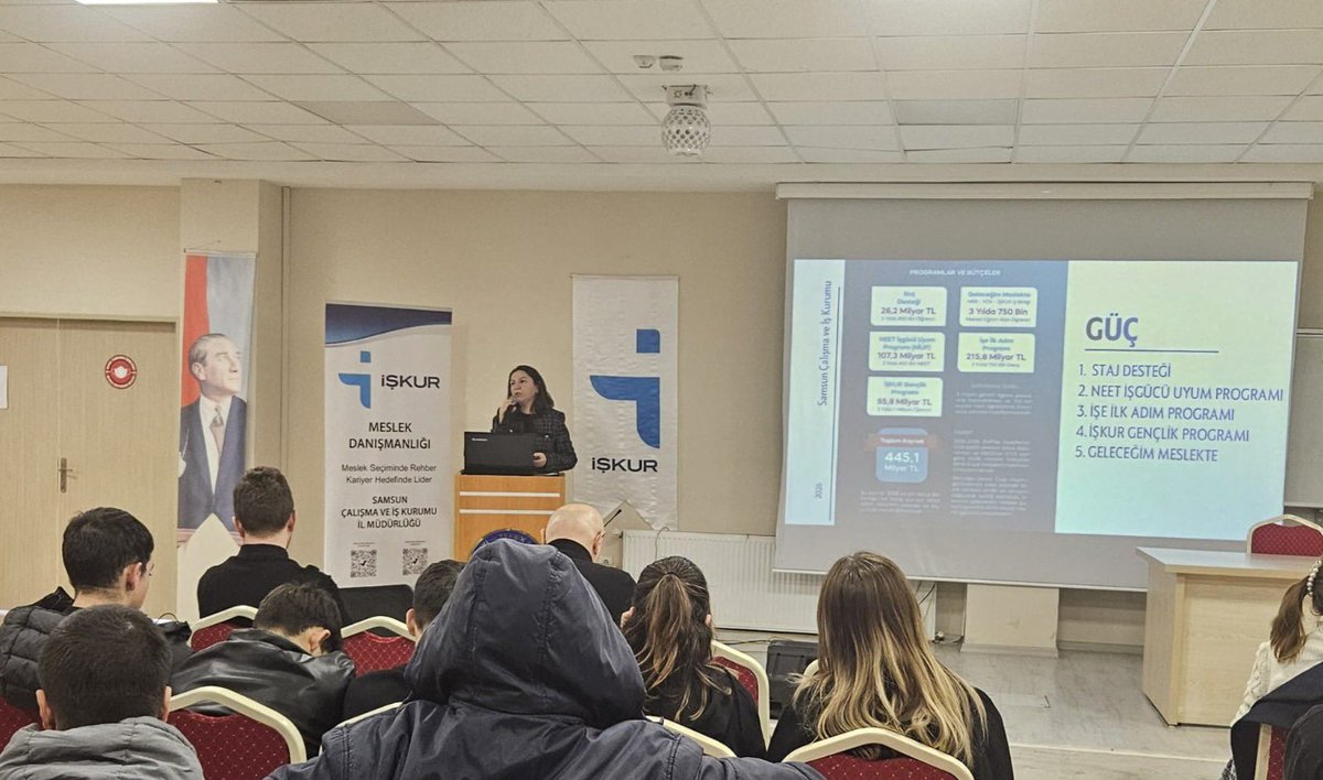 Samsun Çalışma ve İş Kurumu İl Müdürlüğümüz tarafından lise öğrencilerine yönelik "GÜÇ Programı ve Geleceğim Meslekte Programı" hakkında sunum gerçekleştirildi.

#GençliğinÜretimProgramı
#KariyerPlanlama
#GeleceğimMeslekte