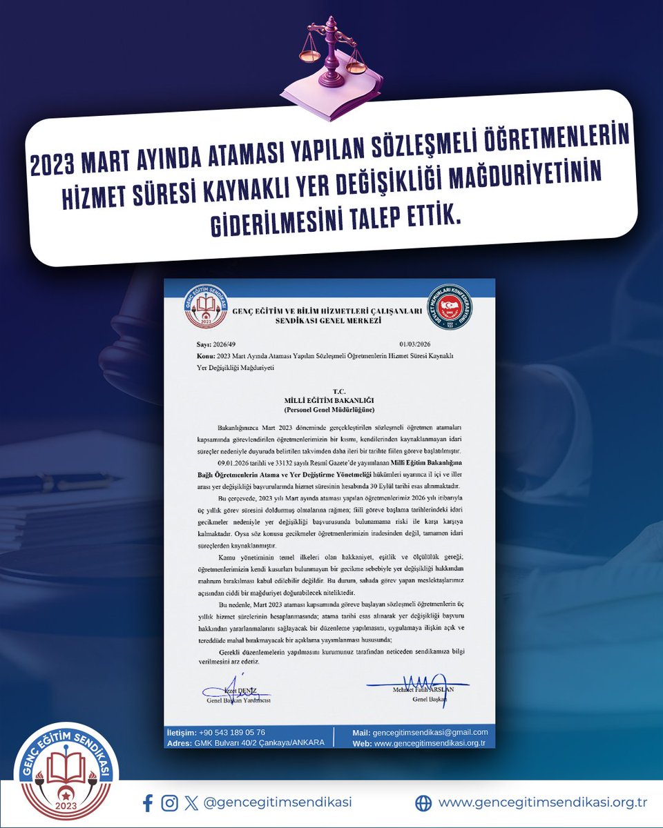 📌 2023 Mart Atamalı Öğretmenlerin Mağduriyeti Giderilmelidir

Sendikamız, 2023 Mart ayında ataması yapılan sözleşmeli öğretmenlerimizin hizmet süresi hesaplamasından kaynaklanan yer değişikliği mağduriyetinin giderilmesi için Millî Eğitim Bakanlığı’na resmi başvuruda