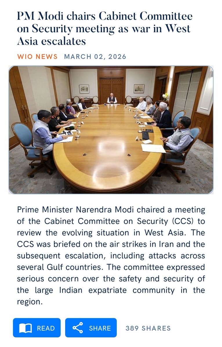 PM Modi chairs Cabinet Committee on Security meeting as war in West Asia escalates
wionews.com/india-news/pm-…