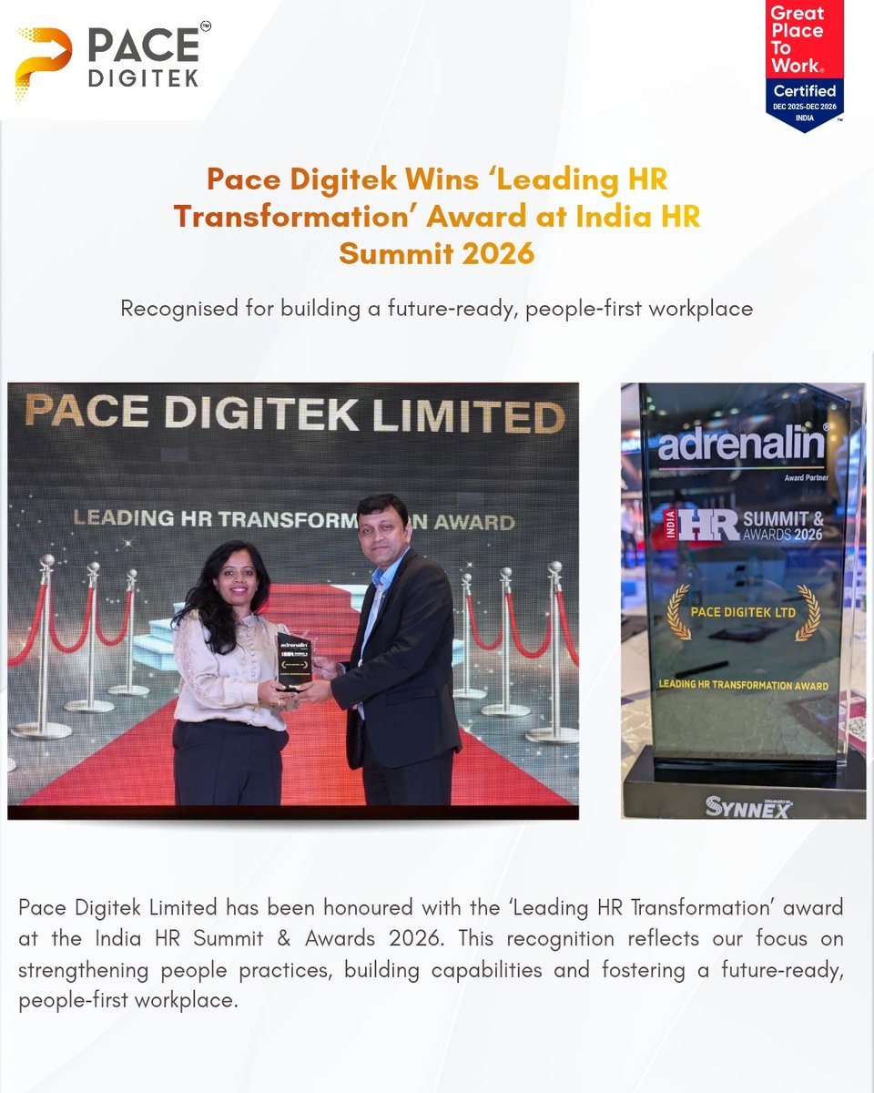 Delighted to share that Pace Digitek has won the ‘Leading HR Transformation’ award at the India HR Summit &amp; Awards 2026! 
Congrats to Ms. Geethashree N Upadhya, HR – Learning and Development, for receiving the award on our behalf.
​
#PaceDigitek #HRTransformation #PeopleFirst