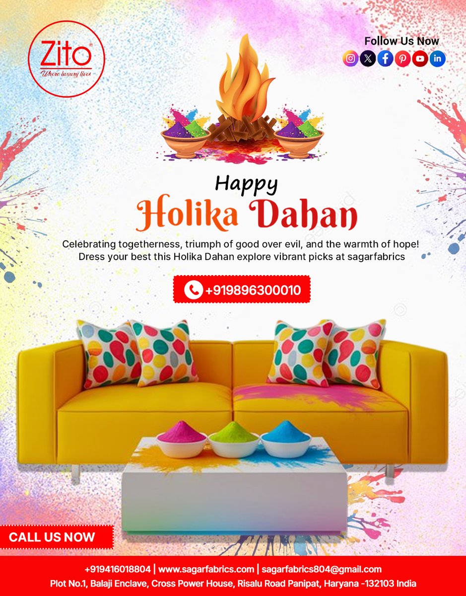 SagarFabrics's tweet photo. 🔥✨ Happy Holika Dahan ✨🔥

Celebrate togetherness, the triumph of good over evil, and the warmth of new beginnings this festive season. 

Wishing you happiness, prosperity, and colorful celebrations!

#HappyHolikaDahan #ZitoLuxury #SagarFabrics #FestiveVibes #HomeDecor https://t.co/hLQbbbDrVm