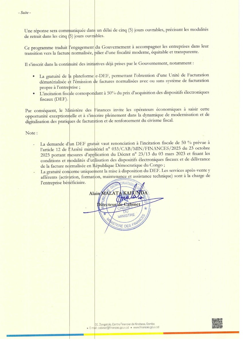 financesrdc's tweet photo. Communiqué officiel |  Facture normalisée 

Le Ministère des Finances informe les opérateurs économiques régulièrement assujettis à la TVA que, depuis le 1er mars 2026, un programme exceptionnel d’accompagnement est en cours dans le cadre de la mise en œuvre de la réforme de la facture normalisée.

À ce titre, 4 000 Dispositifs Électroniques Fiscaux (DEF) physiques sont mis gratuitement à la disposition des entreprises éligibles, dans la limite du stock disponible, pour faciliter leur mise en conformité.

Les demandes doivent être introduites via la plateforme https://t.co/8FGJl1eiQo. Une réponse est communiquée dans un délai de cinq jours ouvrables.

Ce programme s’inscrit dans la dynamique de modernisation, de digitalisation et de renforcement du civisme fiscal.

ℹ Pour plus d’informations, notamment sur les critères d’éligibilité et les modalités pratiques, les opérateurs économiques sont invités à se référer au communiqué officiel du Ministère des Finances.

@dgi_rdc @FECRDC