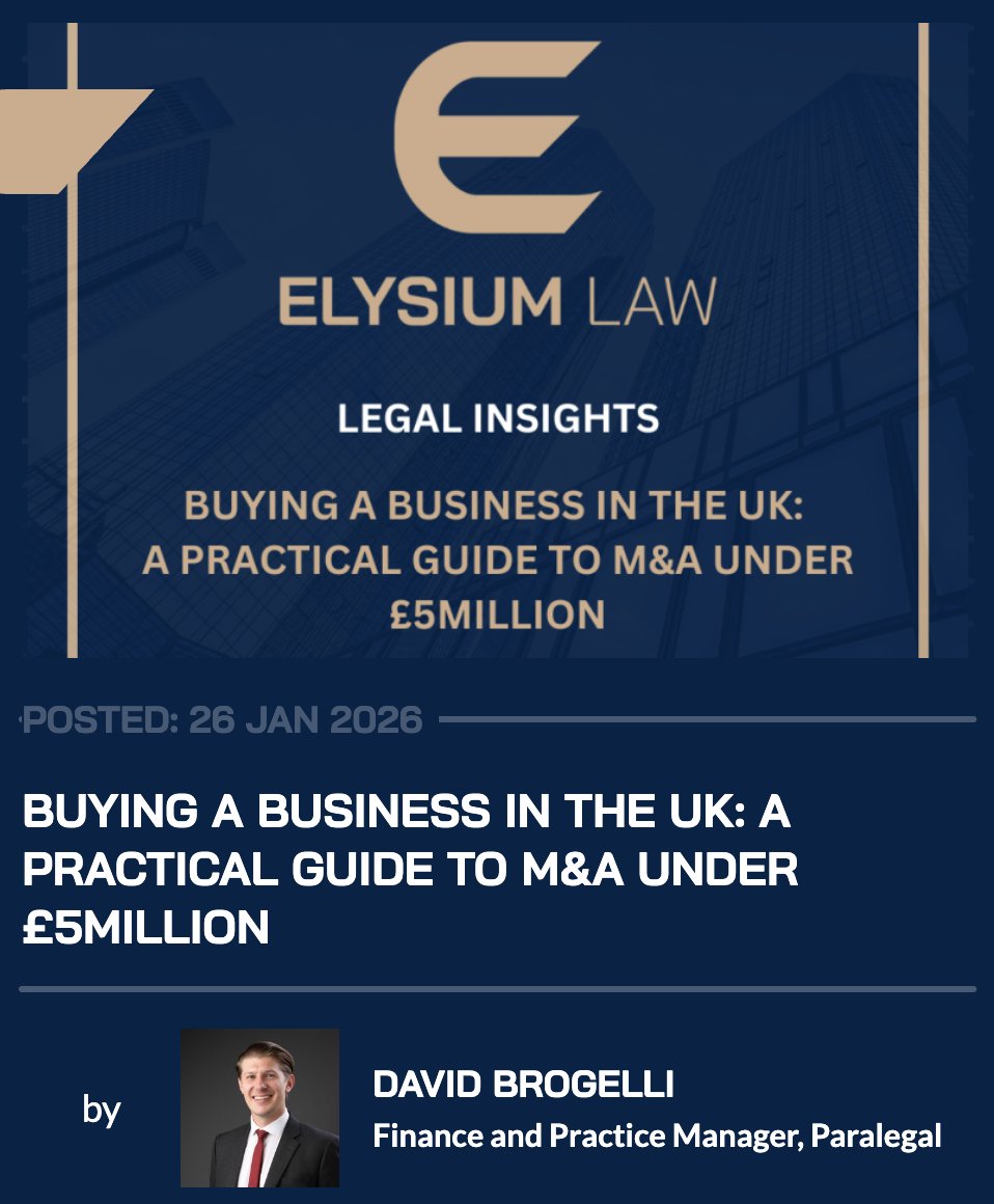 Buying a business in the UK, especially your first deal or under £5m? It is more than agreeing a price.

David Brogelli outlines the M&amp;A process, due diligence, risk protections and timelines.

Read more: elysium-law.com/news/buying-a-…

#mergersandacquisitions #commerciallaw #elysiumlaw