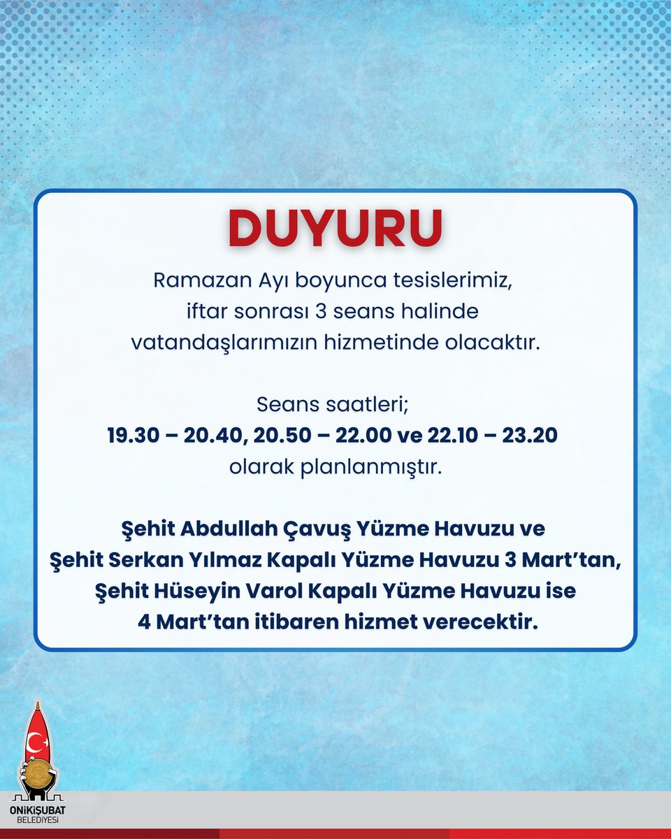 onikisubatbeltr's tweet photo. 📢 DUYURU

Ramazan Ayı boyunca yüzme havuzlarımız, iftar sonrası 3 seans halinde vatandaşlarımızın hizmetinde olacaktır.

🕢 Seans Saatleri:
19.30 – 20.40
20.50 – 22.00
22.10 – 23.20

🏊‍♂️ Hizmet Başlangıç Tarihleri:
▪️ Şehit Abdullah Çavuş Yüzme Havuzu ve
▪️ Şehit Serkan Yılmaz Kapalı Yüzme Havuzu
📅 3 Mart’tan itibaren

▪️ Şehit Hüseyin Varol Kapalı Yüzme Havuzu
📅 4 Mart’tan itibaren

Ramazan’ın bereketini sağlıklı yaşamla buluşturuyoruz. 🌙✨