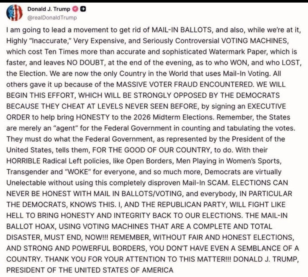 🚨BREAKING: President Trump to sign an executive order ELIMINATING mail-in ballots and voting machines before the 2026 midterm elections. 

Do you support this?

YES or No?

If YES , Give me a Thumbs-Up ...