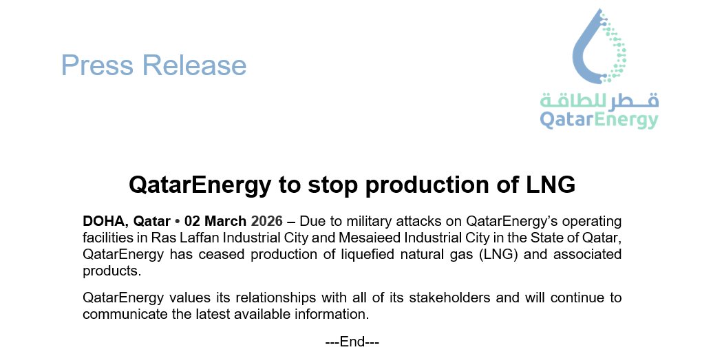 🚨🚨🚨BREAKING: QatarEnergy stops LNG production

(... if Qatar has shut down all its LNG production -- 14 trains --, as the statement's wording suggests, that's roughly 20% of the world's output. As a single company, QatarEnergy is the world's largest LNG producer...)