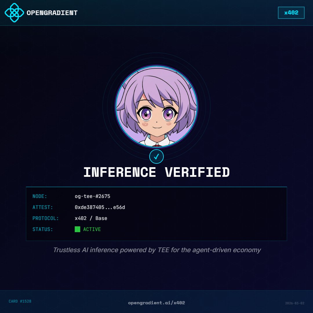 SAMii_NW's tweet photo. Just got my x402 Verified Inference Card from @OpenGradient 🔐

Trustless. Verifiable. On-chain.
The future of AI compute is here.

Generate yours → https://t.co/sa5FIaKRNL

#x402 #OpenGradient #VerifiableAI https://t.co/9jDMTbDqcZ